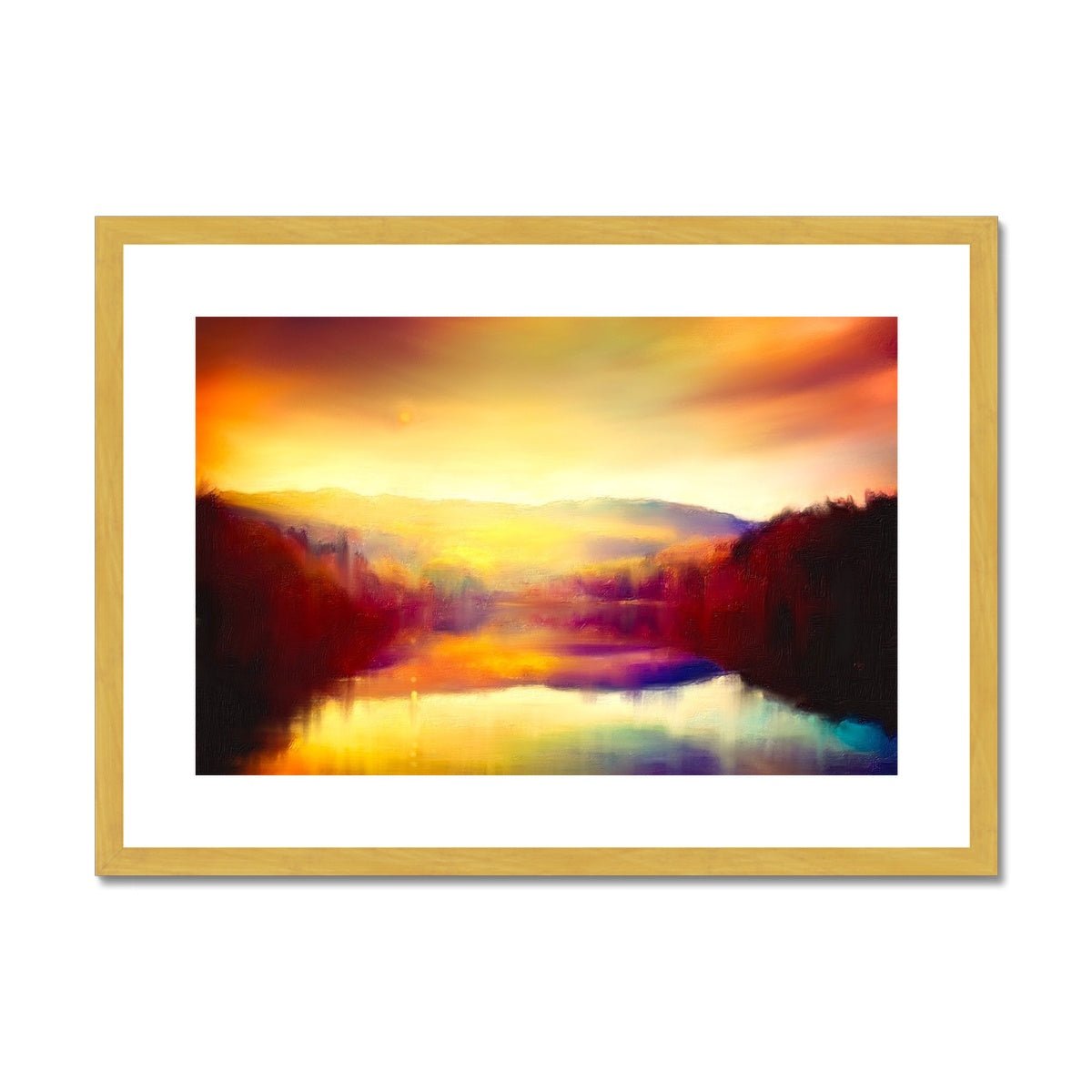 Loch Faskally Dusk Painting | Antique Framed & Mounted Prints From Scotland-Antique Framed & Mounted Prints-Scottish Lochs & Mountains Art Gallery-A2 Landscape-Gold Frame-Paintings, Prints, Homeware, Art Gifts From Scotland By Scottish Artist Kevin Hunter