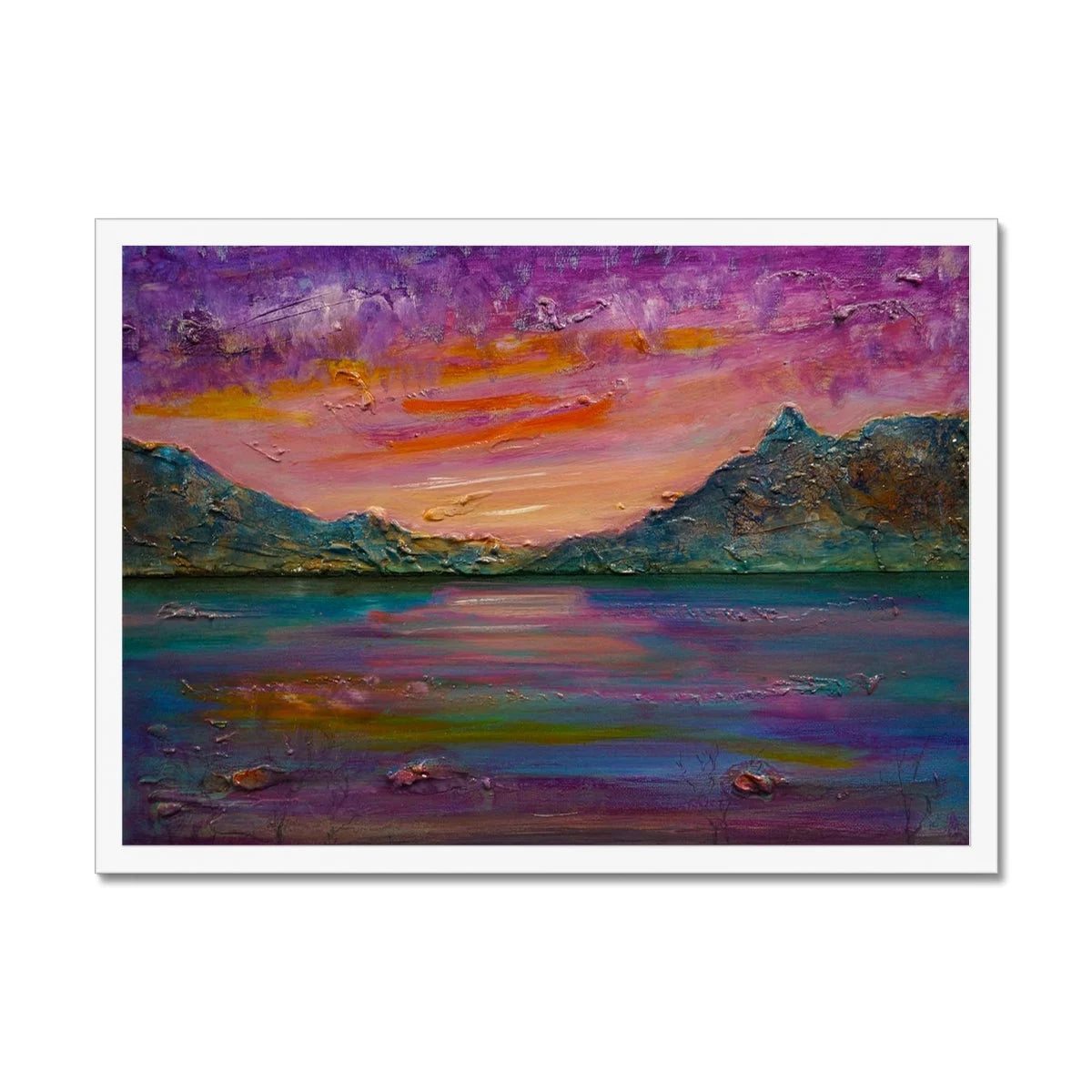 Loch Leven Sunset Framed Print - Glencoe Art Gallery Scotland Worldwide Shipping Paintings | Prints | Gifts from by Scottish Artist Hunter