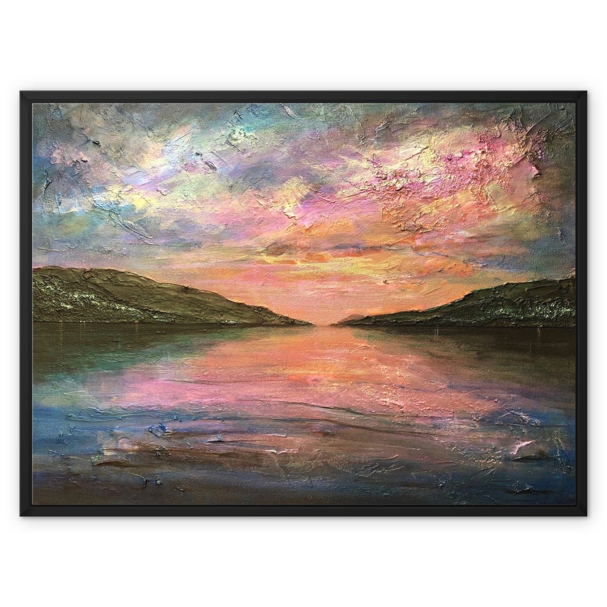 Loch Ness Dawn Painting | Framed Canvas From Scotland-Floating Framed Canvas Prints-Scottish Lochs & Mountains Art Gallery-32"x24"-Black Frame-Paintings, Prints, Homeware, Art Gifts From Scotland By Scottish Artist Kevin Hunter