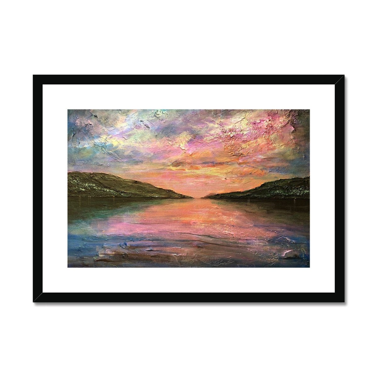 Loch Ness Dawn Painting | Framed & Mounted Prints From Scotland-Framed & Mounted Prints-Scottish Lochs & Mountains Art Gallery-A2 Landscape-Black Frame-Paintings, Prints, Homeware, Art Gifts From Scotland By Scottish Artist Kevin Hunter