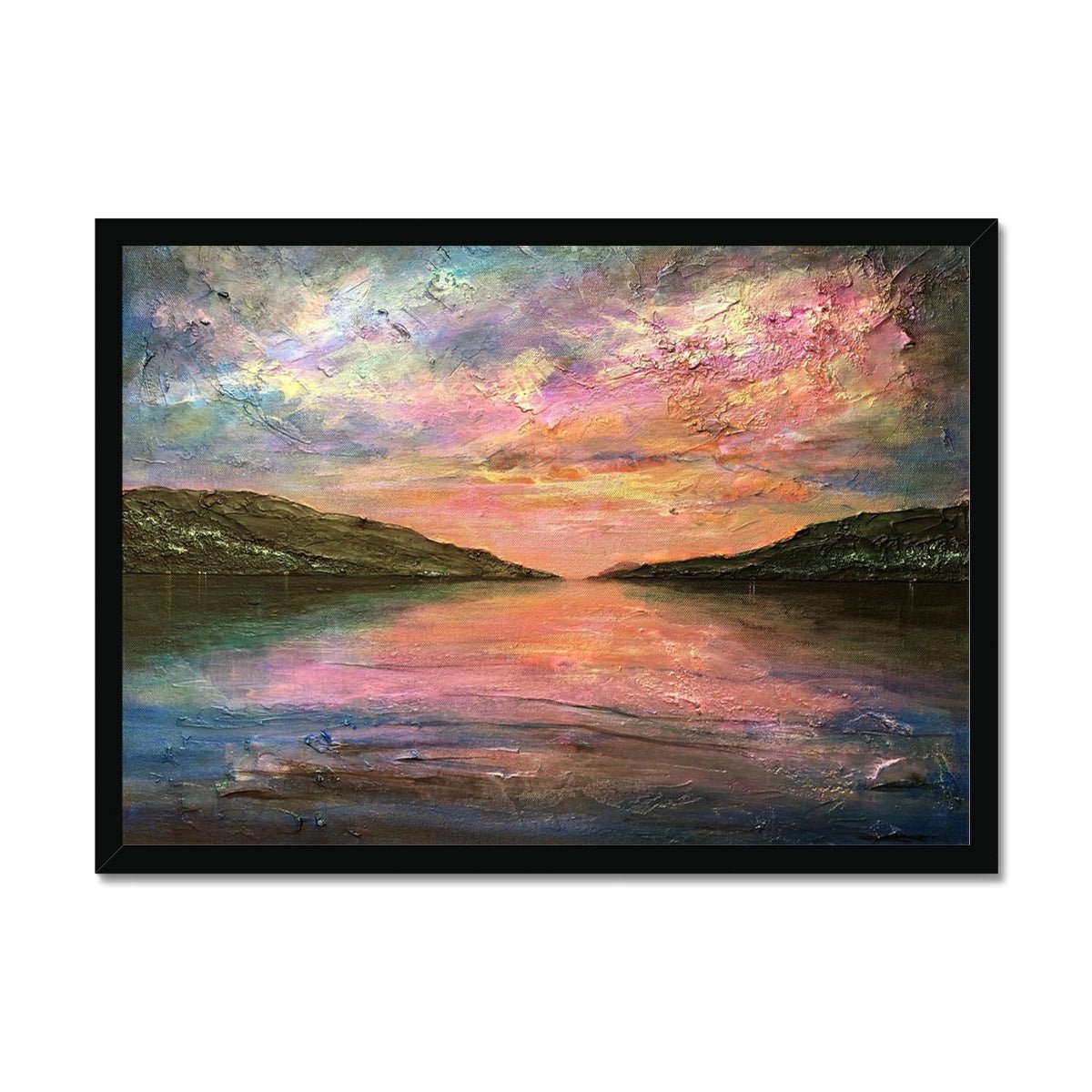 Loch Ness Dawn Painting | Framed Prints From Scotland-Framed Prints-Scottish Lochs & Mountains Art Gallery-A2 Landscape-Black Frame-Paintings, Prints, Homeware, Art Gifts From Scotland By Scottish Artist Kevin Hunter