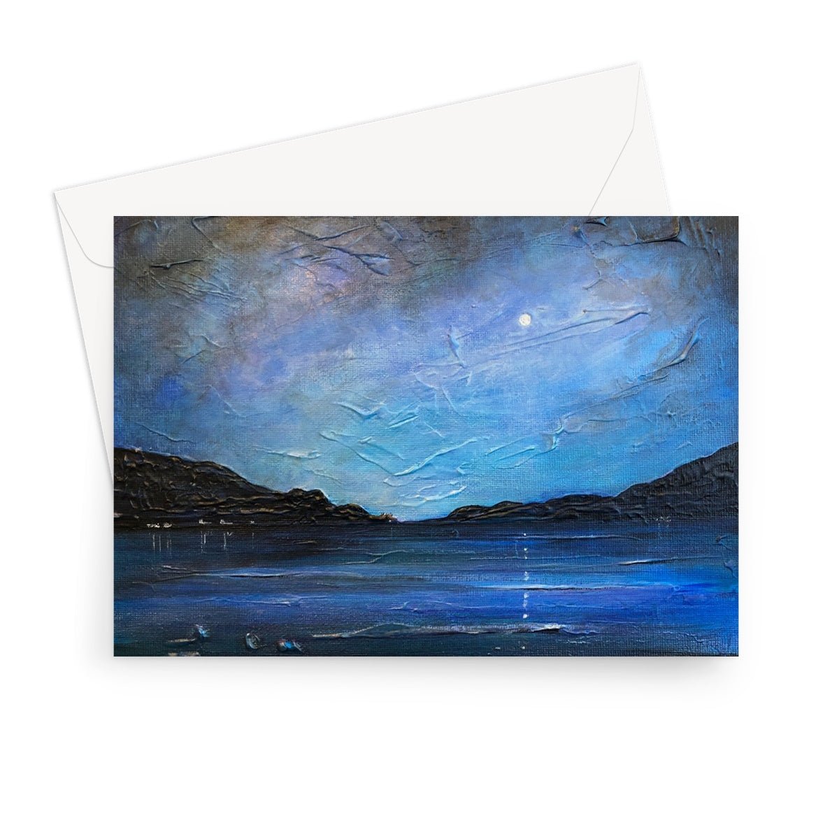 Loch Ness Moonlight Art Gifts Greeting Card-Greetings Cards-Scottish Lochs & Mountains Art Gallery-7"x5"-10 Cards-Paintings, Prints, Homeware, Art Gifts From Scotland By Scottish Artist Kevin Hunter