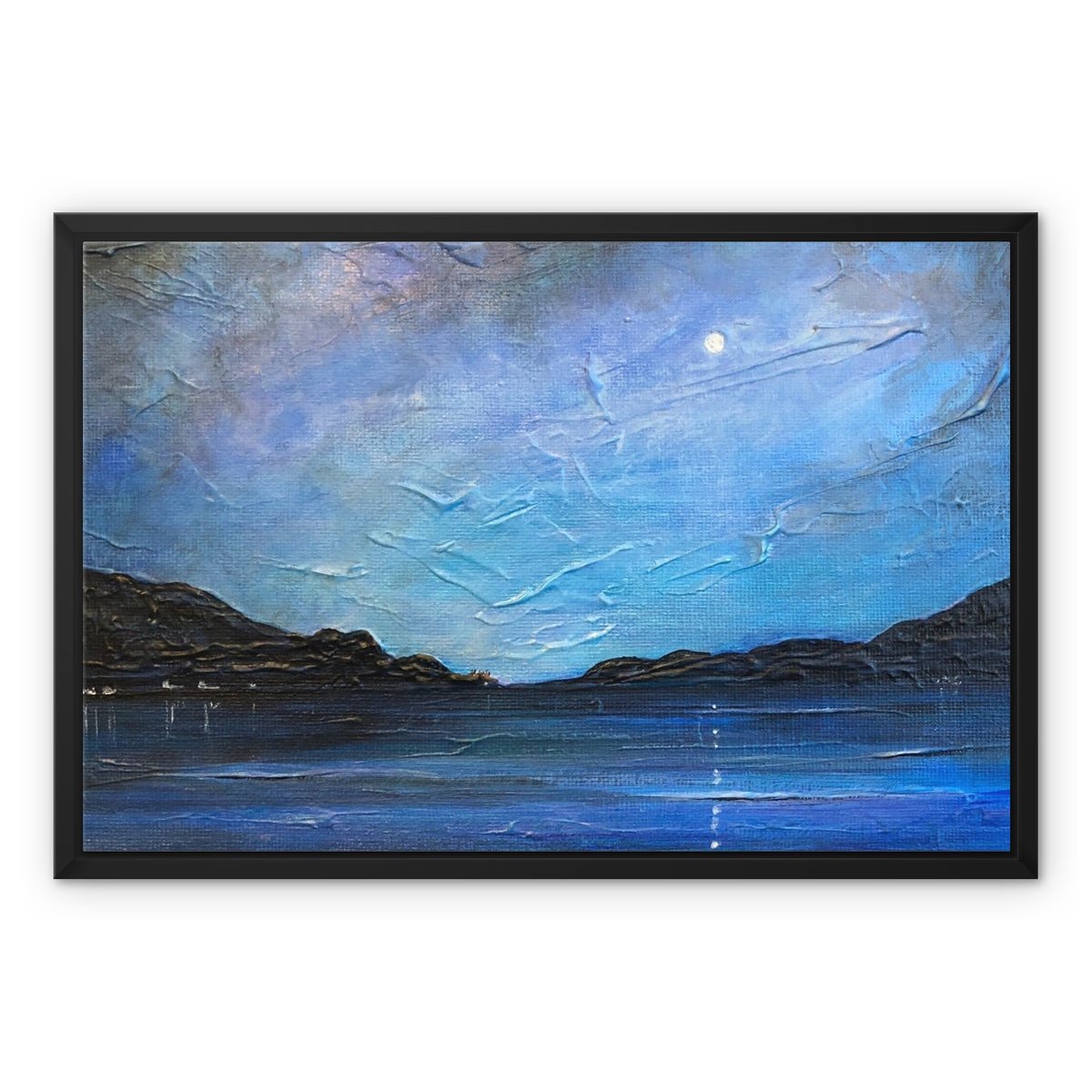 Loch Ness Moonlight Painting | Framed Canvas From Scotland-Floating Framed Canvas Prints-Scottish Lochs & Mountains Art Gallery-24"x18"-Black Frame-Paintings, Prints, Homeware, Art Gifts From Scotland By Scottish Artist Kevin Hunter