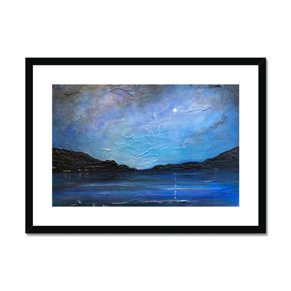 Loch Ness Moonlight Painting | Framed & Mounted Prints From Scotland-Framed & Mounted Prints-Scottish Lochs & Mountains Art Gallery-A2 Landscape-Black Frame-Paintings, Prints, Homeware, Art Gifts From Scotland By Scottish Artist Kevin Hunter