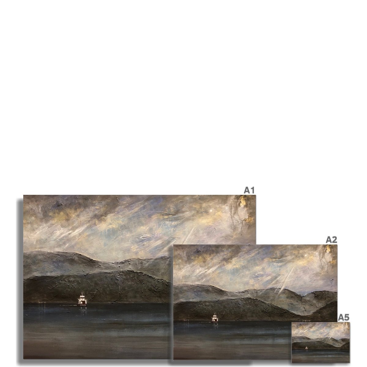Lochranza Moonlit Ferry Painting | Fine Art Prints From Scotland-Unframed Prints-Arran Art Gallery-Paintings, Prints, Homeware, Art Gifts From Scotland By Scottish Artist Kevin Hunter