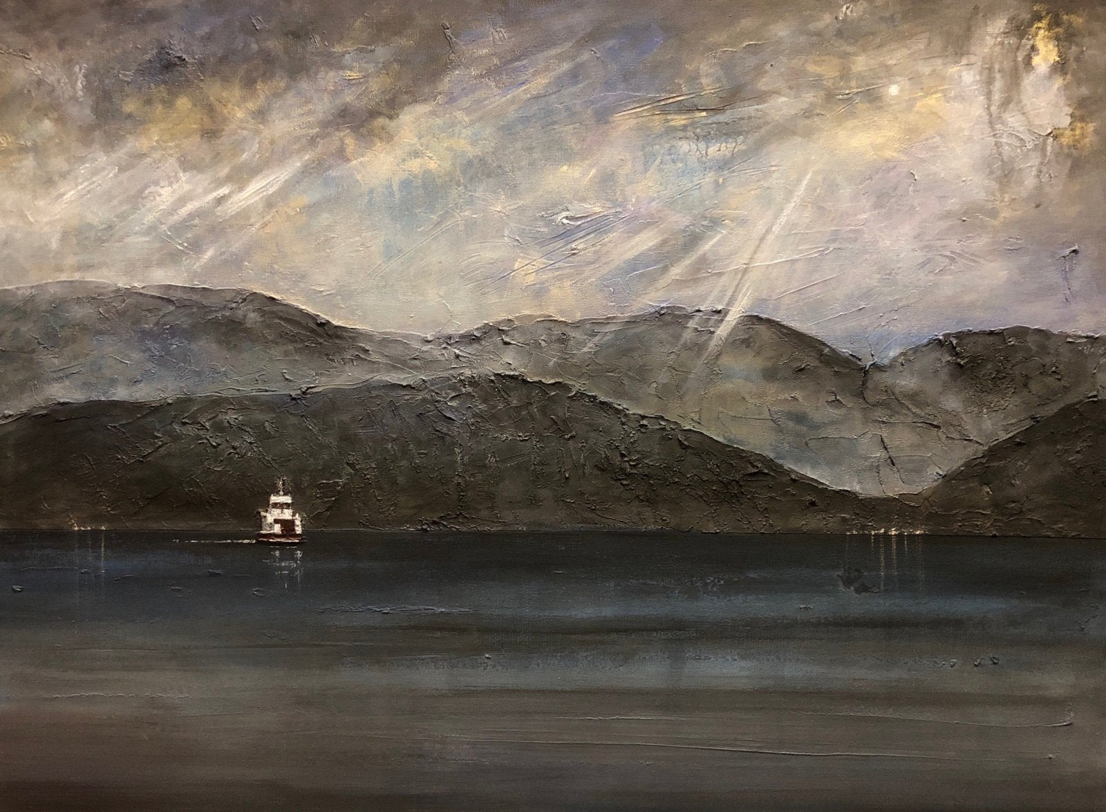 Lochranza Moonlit Ferry-Signed Art Prints By Scottish Artist Hunter-Arran Art Gallery-Paintings, Prints, Homeware, Art Gifts From Scotland By Scottish Artist Kevin Hunter