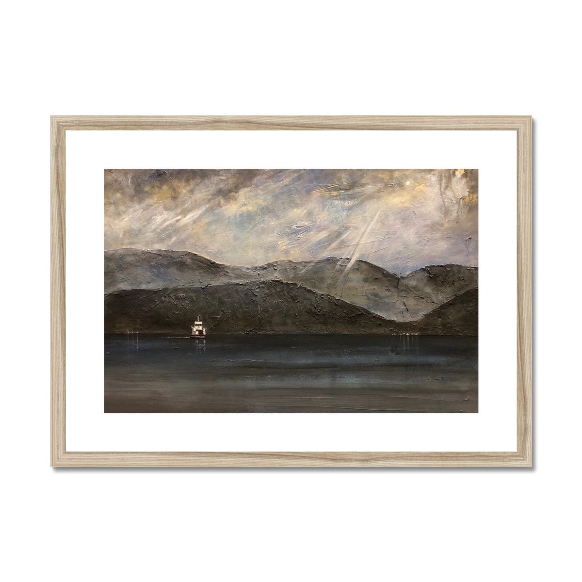 Lochranza Moonlit Ferry Painting | Framed & Mounted Prints From Scotland-Framed & Mounted Prints-Arran Art Gallery-A2 Landscape-Natural Frame-Paintings, Prints, Homeware, Art Gifts From Scotland By Scottish Artist Kevin Hunter