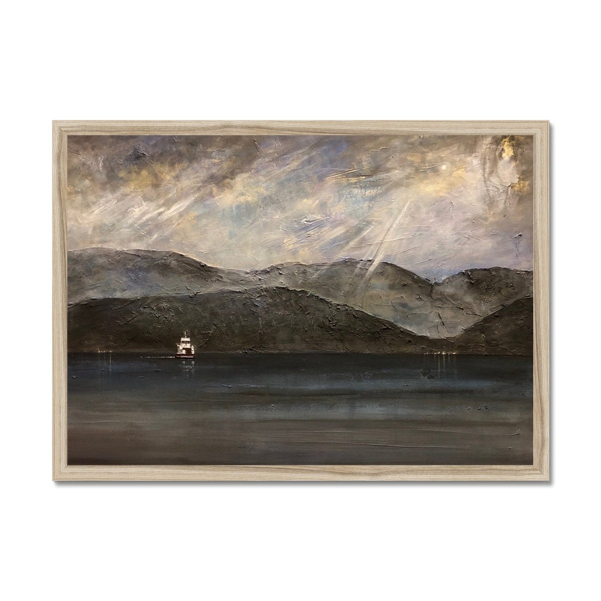 Lochranza Moonlit Ferry Painting | Framed Prints From Scotland-Framed Prints-Arran Art Gallery-A2 Landscape-Natural Frame-Paintings, Prints, Homeware, Art Gifts From Scotland By Scottish Artist Kevin Hunter