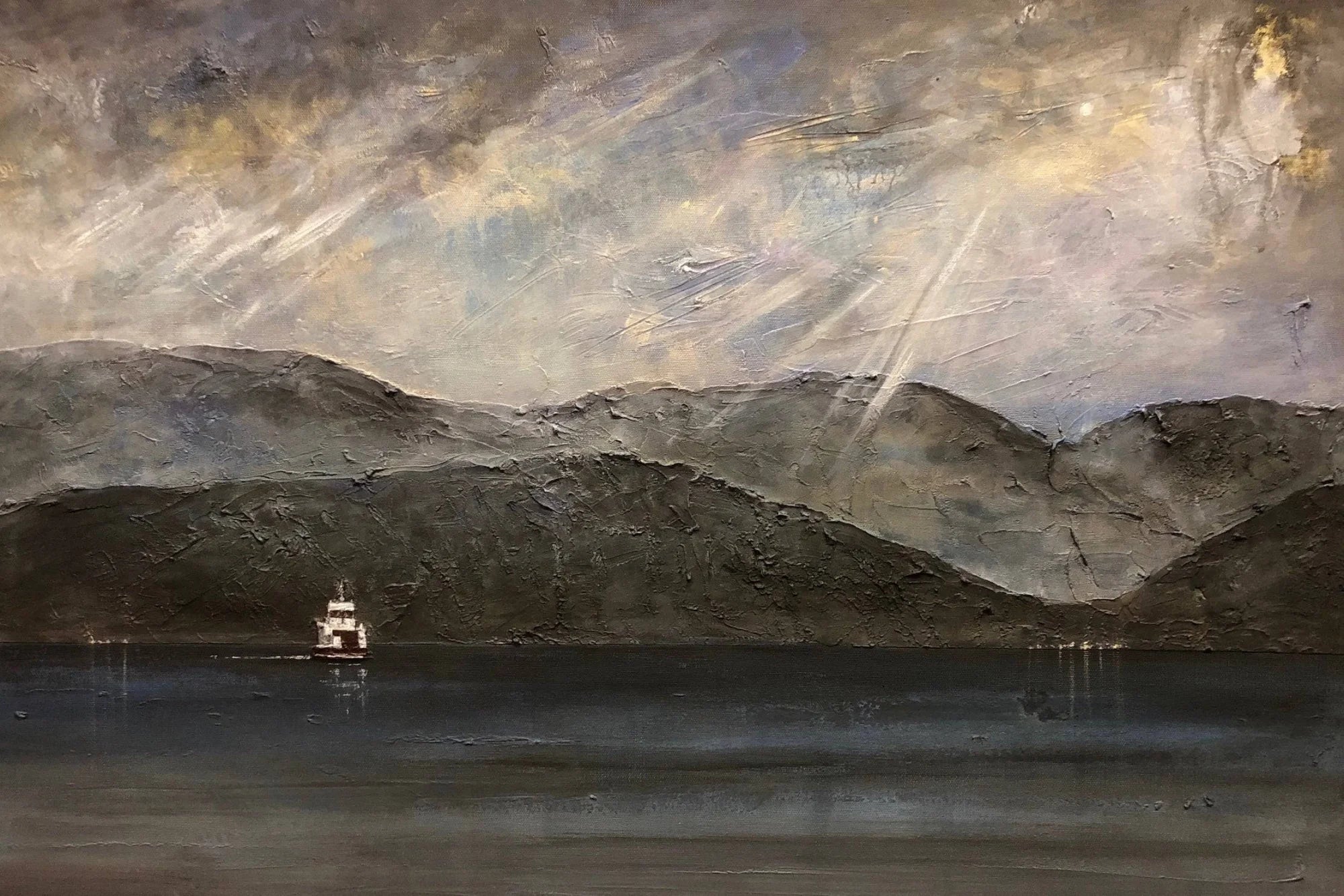 Lochranza Moonlit Ferry | Statement Interior Wall Art from Scotland - Arran Gallery Worldwide Shipping Textured Painting Mountainous