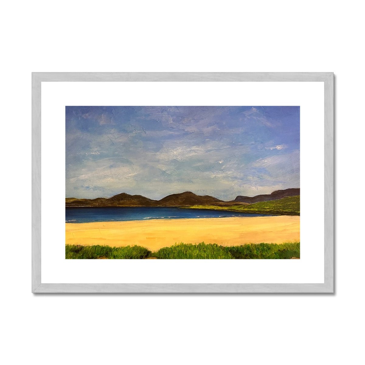 Luskentyre Beach Harris Painting | Antique Framed & Mounted Prints From Scotland-Antique Framed & Mounted Prints-Hebridean Islands Art Gallery-A2 Landscape-Silver Frame-Paintings, Prints, Homeware, Art Gifts From Scotland By Scottish Artist Kevin Hunter