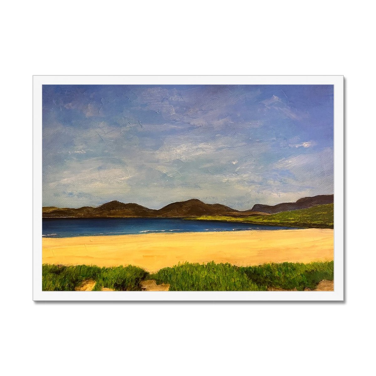 Luskentyre Beach Harris Painting | Framed Prints From Scotland-Framed Prints-Hebridean Islands Art Gallery-A2 Landscape-White Frame-Paintings, Prints, Homeware, Art Gifts From Scotland By Scottish Artist Kevin Hunter