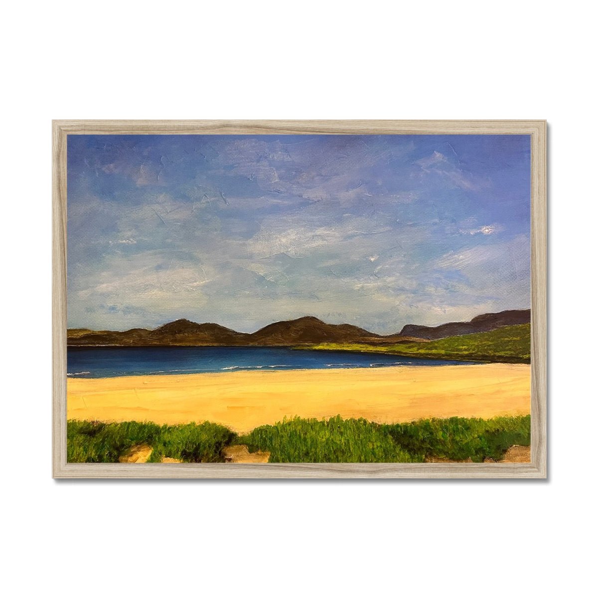 Luskentyre Beach Harris Painting | Framed Prints From Scotland-Framed Prints-Hebridean Islands Art Gallery-A2 Landscape-Natural Frame-Paintings, Prints, Homeware, Art Gifts From Scotland By Scottish Artist Kevin Hunter