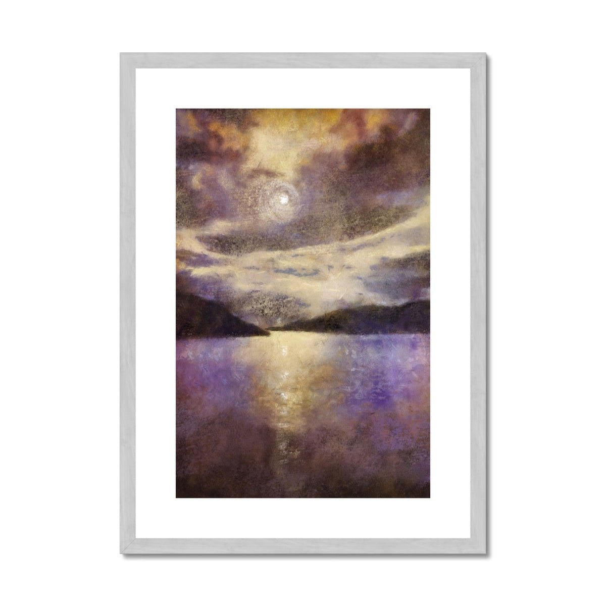 Moonlight Meets Lewis & Harris Painting | Antique Framed & Mounted Prints From Scotland-Antique Framed & Mounted Prints-Hebridean Islands Art Gallery-A2 Portrait-Silver Frame-Paintings, Prints, Homeware, Art Gifts From Scotland By Scottish Artist Kevin Hunter