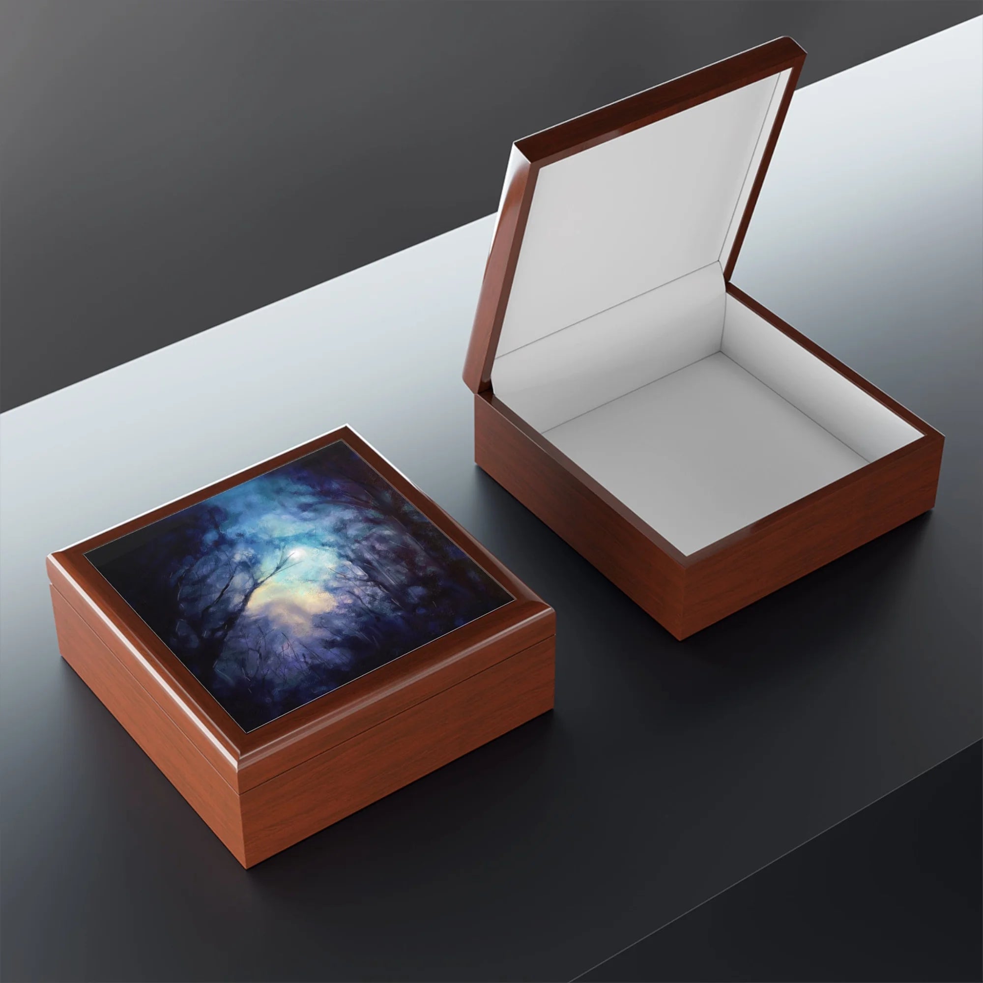A Moonlit Highland Wood | Art Jewellery Box | Scotland - Highlands & Lowlands Gallery Worldwide Shipping Two Rectangular Wooden Scottish