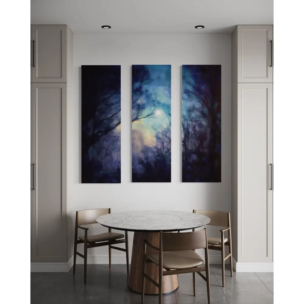 A Moonlit Highland Wood Triptych - Scottish Statement Interior Wall Art - Highlands & Lowlands Gallery Scotland