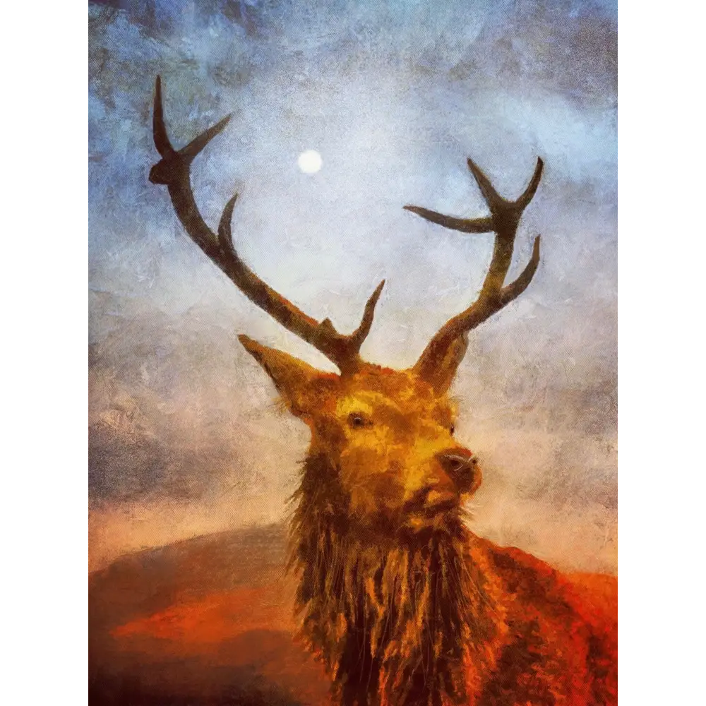 Moonlit Stag Wooden Art Block by Scottish Artist Hunter - Highlands & Lowlands Gallery Scotland