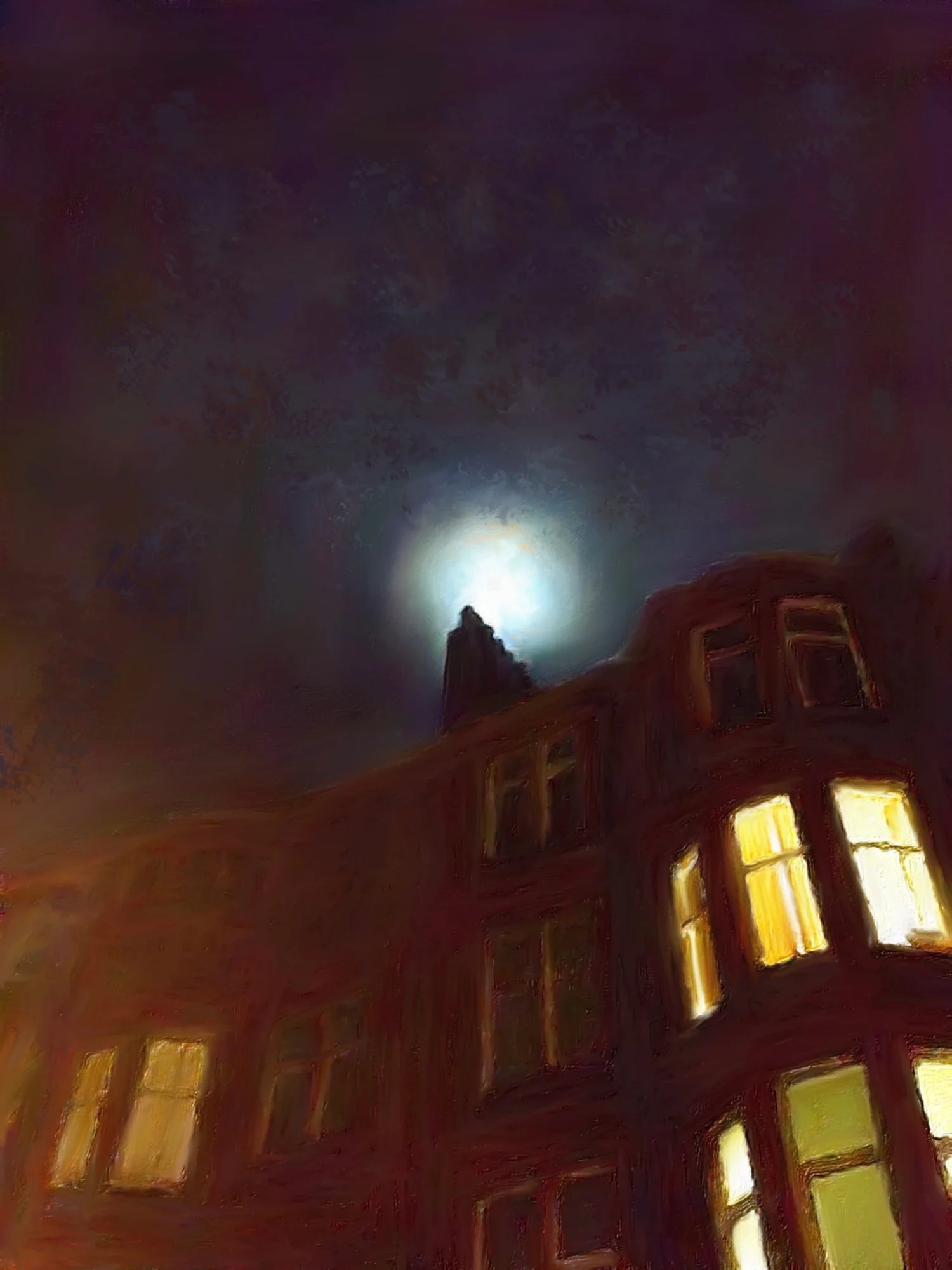 A Moonlit Tenement - Edinburgh & Glasgow Art Gallery Scotland Worldwide Shipping Illuminated Bright Moon Kevin Hunter Portfolio Giclee