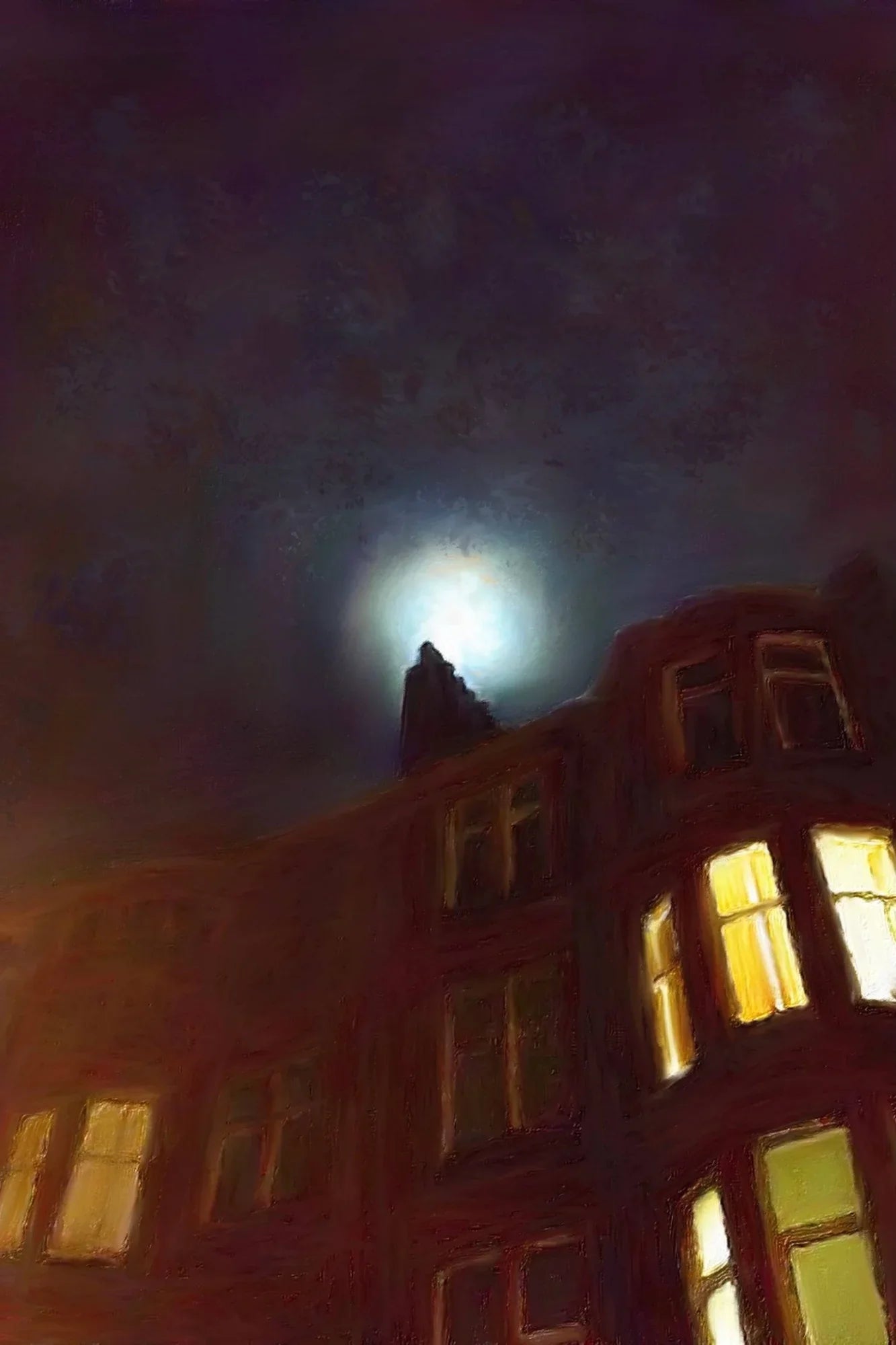 A Moonlit Tenement | Statement Interior Wall Art from Scotland - Edinburgh & Glasgow Gallery Worldwide Shipping Illuminated Windows Bright