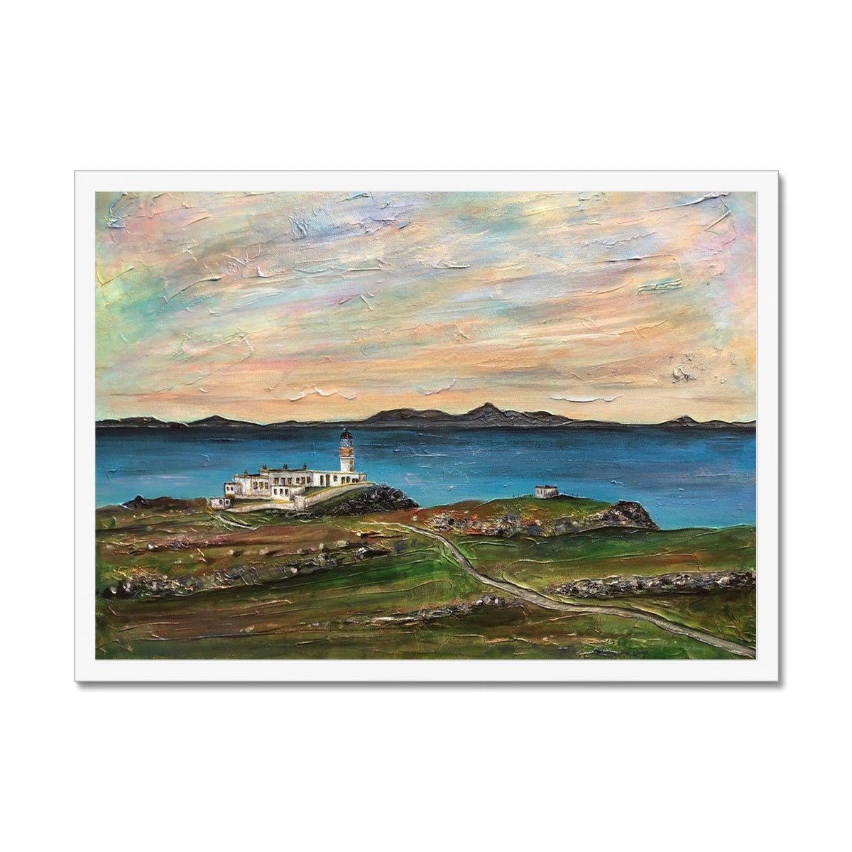 Neist Point Skye Painting | Framed Prints From Scotland-Framed Prints-Skye Art Gallery-A2 Landscape-White Frame-Paintings, Prints, Homeware, Art Gifts From Scotland By Scottish Artist Kevin Hunter