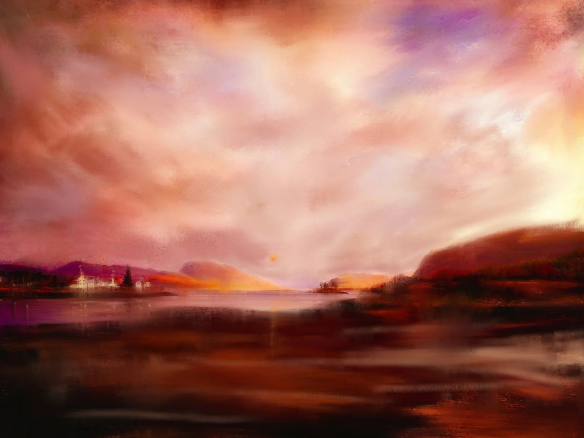 Plockton Sunset - Highlands & Lowlands Art Gallery Scotland Worldwide Shipping Sunset Landscape Painting Kevin Hunter Portfolio Giclee
