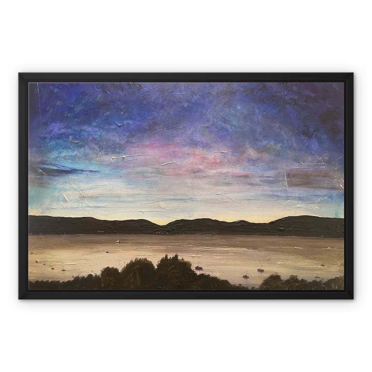 River Clyde Twilight Framed Canvas - Art Gallery Scotland Worldwide Shipping Scottish Artist Fine Prints and Paintings Collection by Hunter