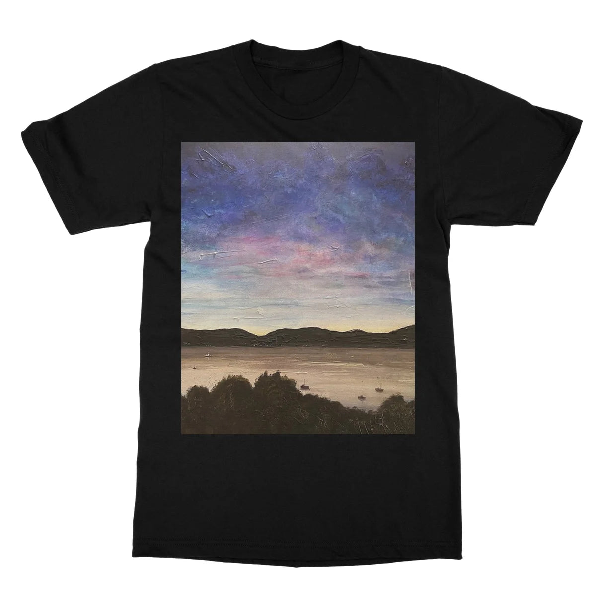 River Clyde Twilight Softstyle T-shirt - Art Gallery Scotland Worldwide Shipping Scottish Artist Fine Prints and Paintings Collection