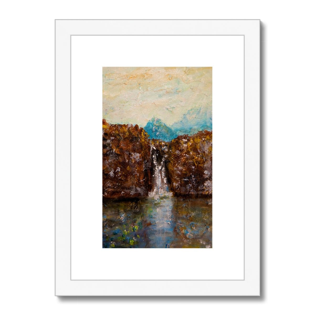 Skye Fairy Pools Painting | Framed & Mounted Prints From Scotland-Framed & Mounted Prints-Skye Art Gallery-A4 Portrait-White Frame-Paintings, Prints, Homeware, Art Gifts From Scotland By Scottish Artist Kevin Hunter