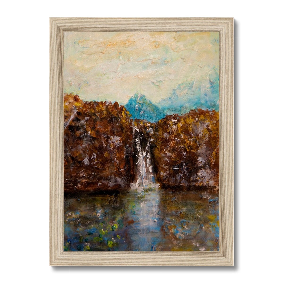 Skye Fairy Pools Painting | Framed Prints From Scotland-Framed Prints-Skye Art Gallery-A4 Portrait-Natural Frame-Paintings, Prints, Homeware, Art Gifts From Scotland By Scottish Artist Kevin Hunter
