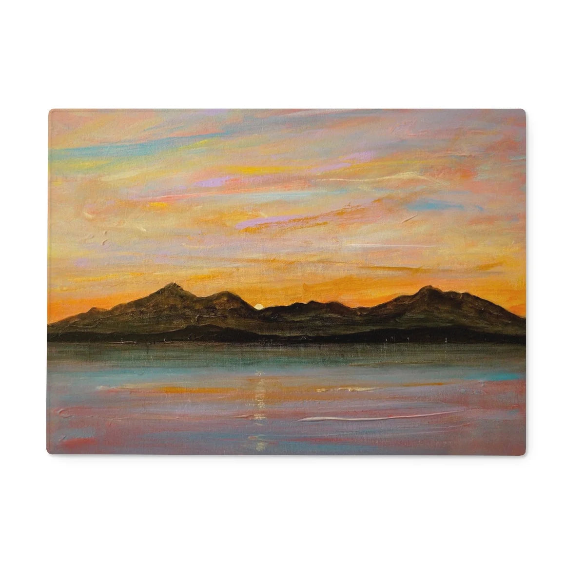 The Sleeping Warrior Arran Glass Chopping Board - Art Gallery Scotland Worldwide Shipping Vibrant Landscape Painting Scottish Landscape