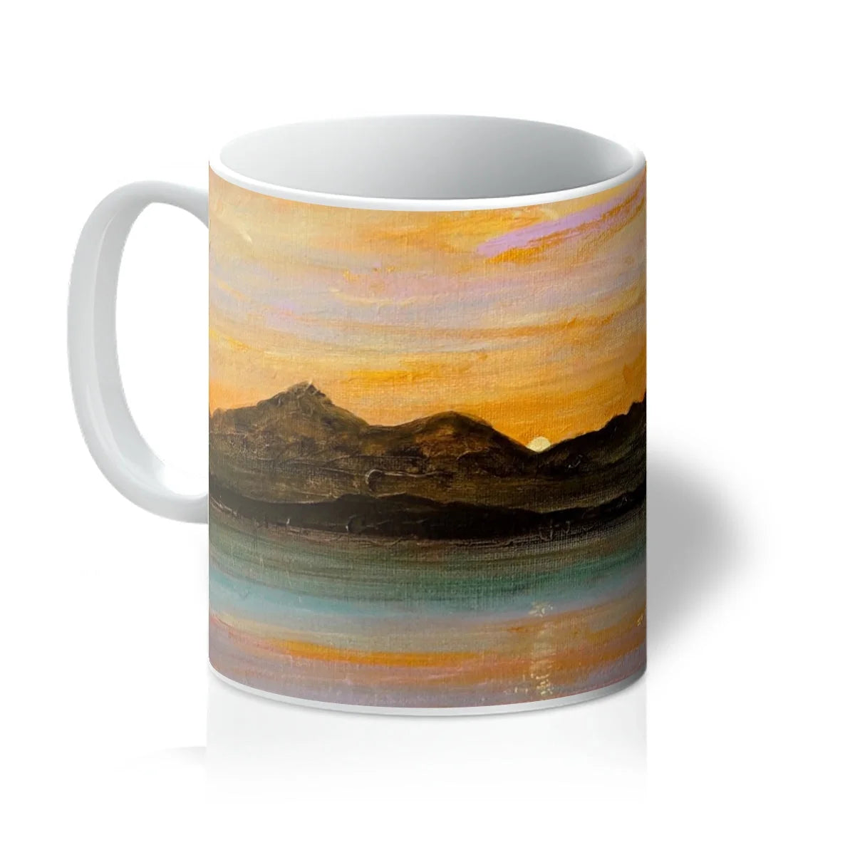 The Sleeping Warrior Arran Mug - Art Gallery Scotland Worldwide Shipping White Ceramic Mug Scottish Landscape by Artist Hunter Featuring