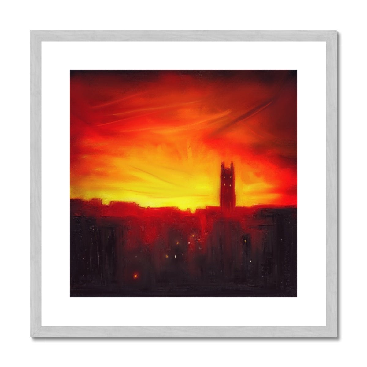 St Stephen's Church Sunset Painting | Antique Framed & Mounted Prints From Scotland-Antique Framed & Mounted Prints-Edinburgh & Glasgow Art Gallery-20"x20"-Silver Frame-Paintings, Prints, Homeware, Art Gifts From Scotland By Scottish Artist Kevin Hunter