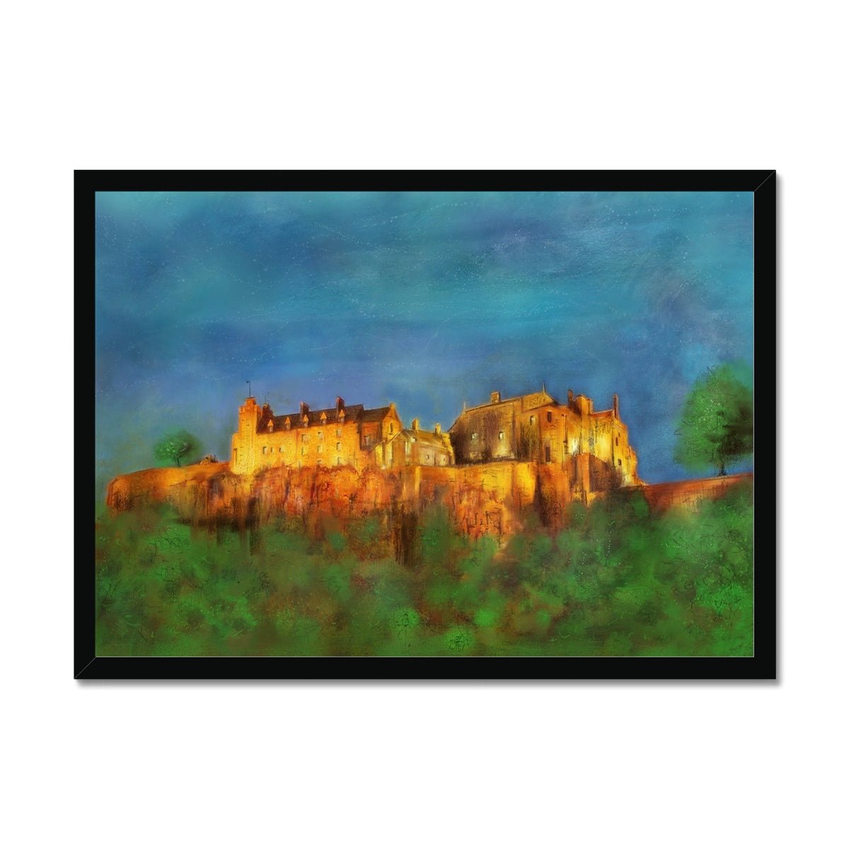 Stirling Castle Painting | Framed Prints From Scotland-Framed Prints-Historic & Iconic Scotland Art Gallery-A2 Landscape-Black Frame-Paintings, Prints, Homeware, Art Gifts From Scotland By Scottish Artist Kevin Hunter