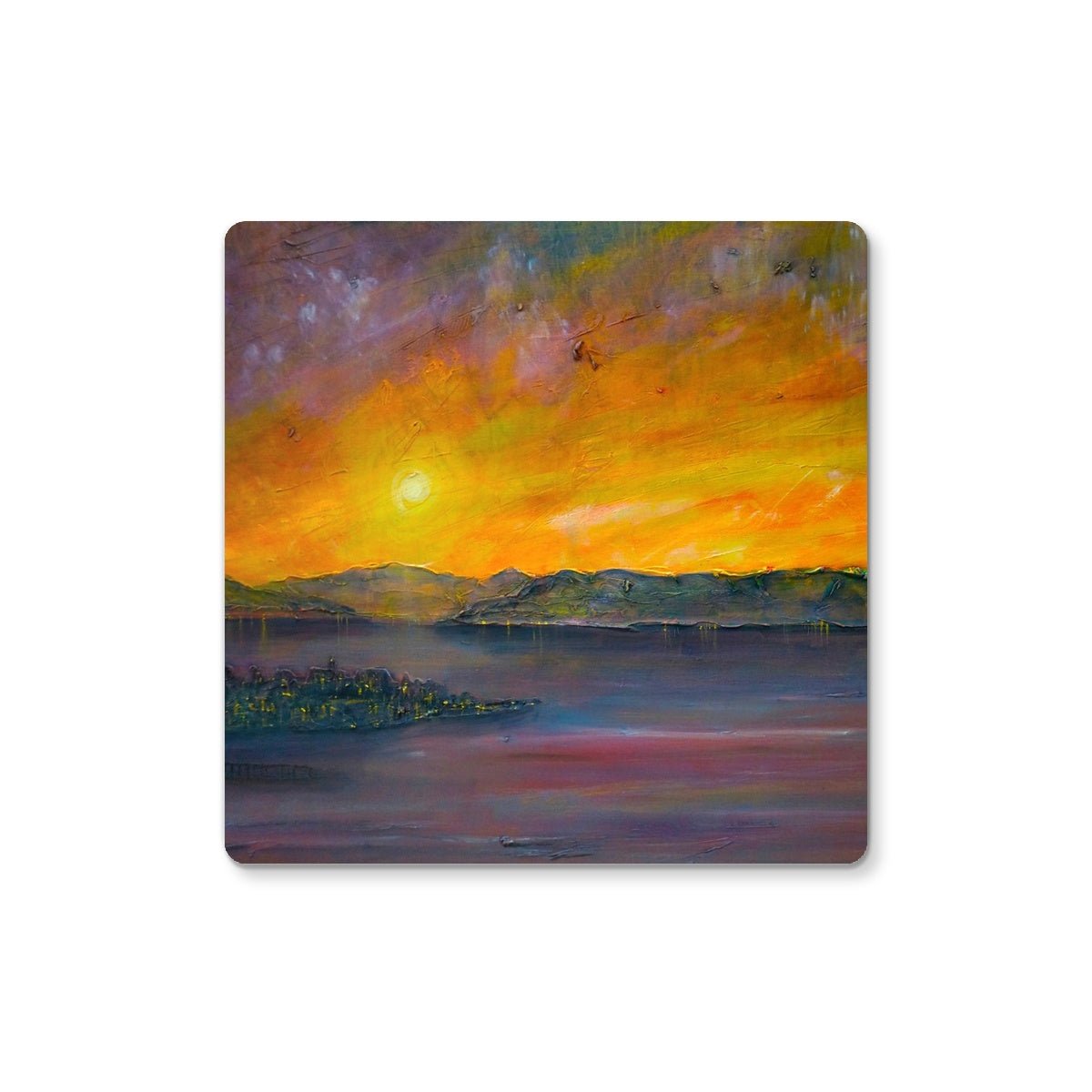 Sunset Over Gourock Art Gifts Coaster-Coasters-River Clyde Art Gallery-6 Coasters-Paintings, Prints, Homeware, Art Gifts From Scotland By Scottish Artist Kevin Hunter