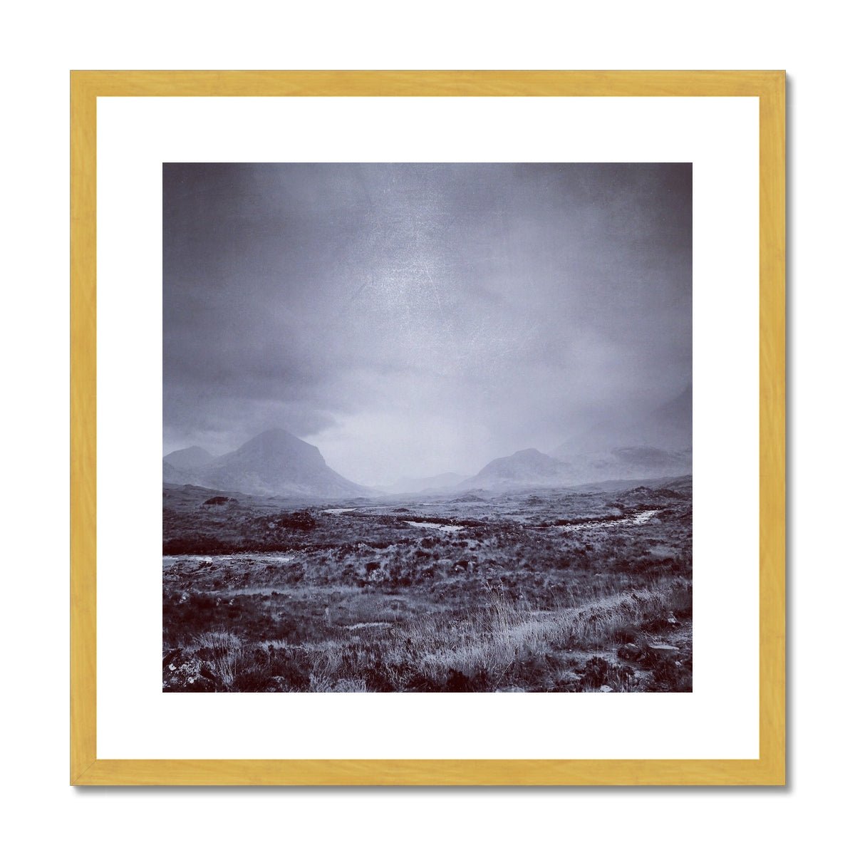 The Brooding Cuillin Skye Painting | Antique Framed & Mounted Prints From Scotland-Antique Framed & Mounted Prints-Skye Art Gallery-20"x20"-Gold Frame-Paintings, Prints, Homeware, Art Gifts From Scotland By Scottish Artist Kevin Hunter