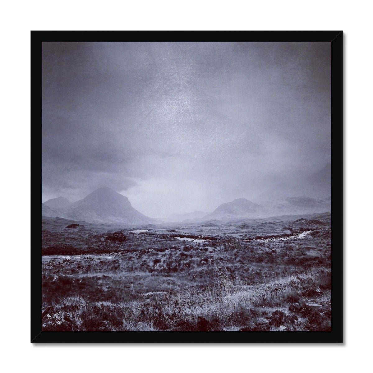 The Brooding Cuillin Skye Painting | Framed Prints From Scotland-Framed Prints-Skye Art Gallery-20"x20"-Black Frame-Paintings, Prints, Homeware, Art Gifts From Scotland By Scottish Artist Kevin Hunter
