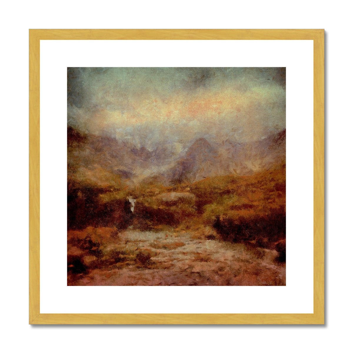 The Brooding Fairy Pools Skye Painting | Antique Framed & Mounted Prints From Scotland-Antique Framed & Mounted Prints-Skye Art Gallery-20"x20"-Gold Frame-Paintings, Prints, Homeware, Art Gifts From Scotland By Scottish Artist Kevin Hunter