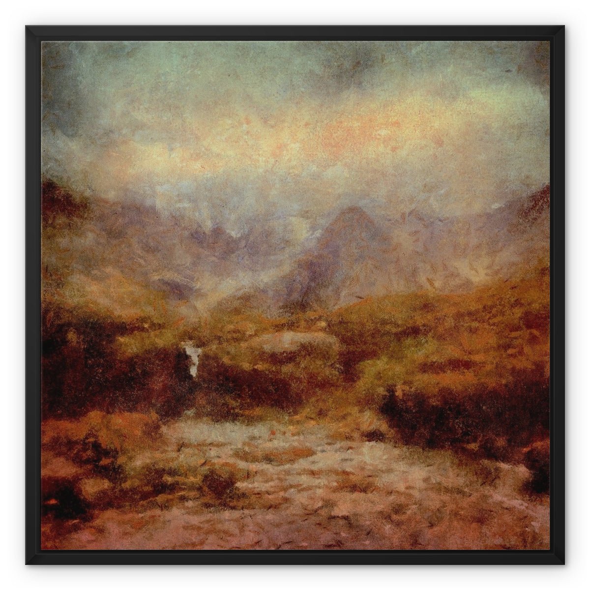 The Brooding Fairy Pools Skye Painting | Framed Canvas From Scotland-Floating Framed Canvas Prints-Skye Art Gallery-24"x24"-Black Frame-Paintings, Prints, Homeware, Art Gifts From Scotland By Scottish Artist Kevin Hunter