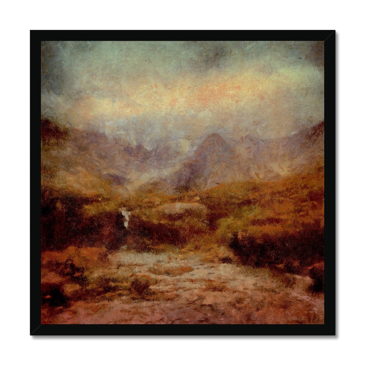 The Brooding Fairy Pools Skye Painting | Framed Prints From Scotland-Framed Prints-Skye Art Gallery-20"x20"-Black Frame-Paintings, Prints, Homeware, Art Gifts From Scotland By Scottish Artist Kevin Hunter