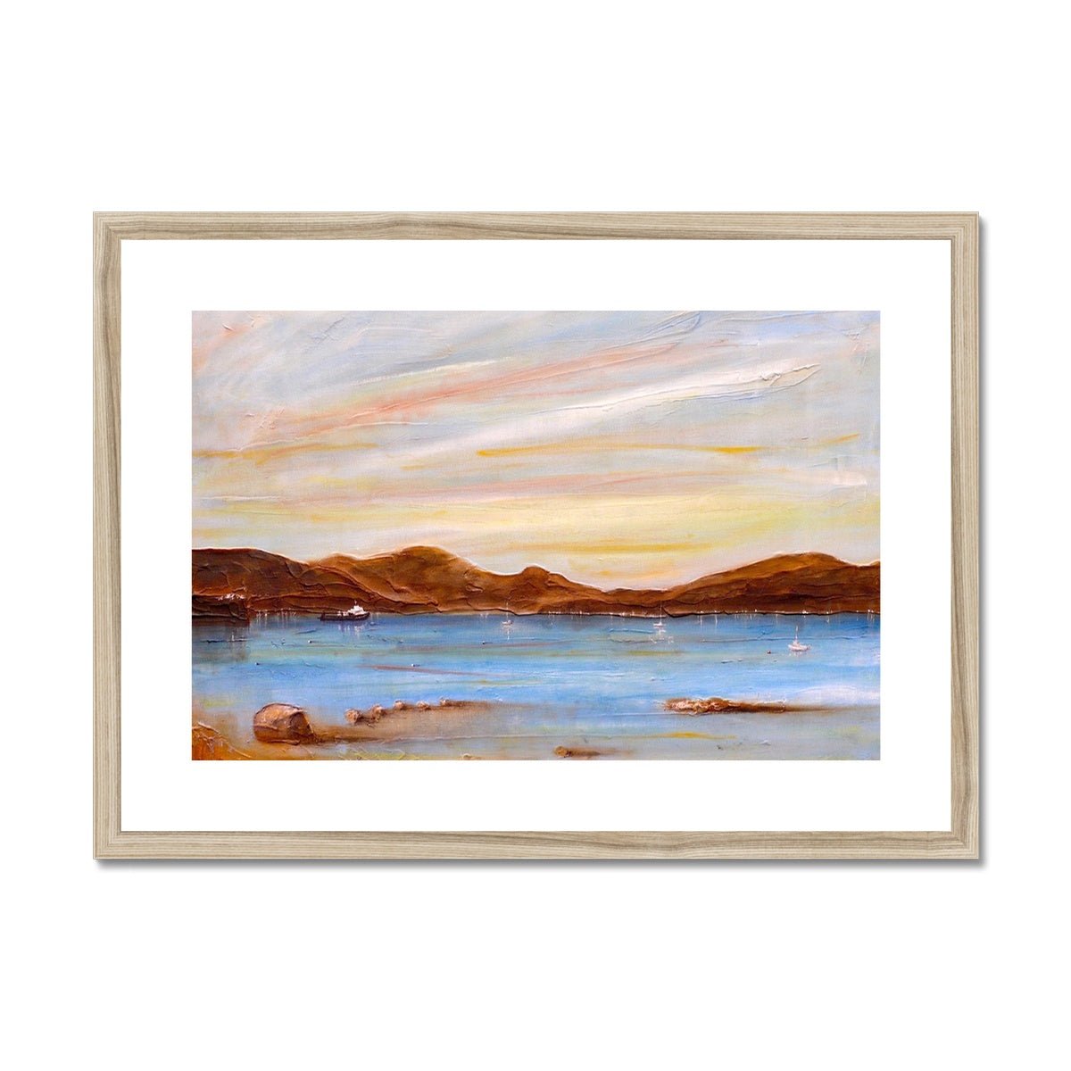 The Last Ferry To Dunoon Painting | Framed & Mounted Prints From Scotland-Framed & Mounted Prints-River Clyde Art Gallery-A2 Landscape-Natural Frame-Paintings, Prints, Homeware, Art Gifts From Scotland By Scottish Artist Kevin Hunter