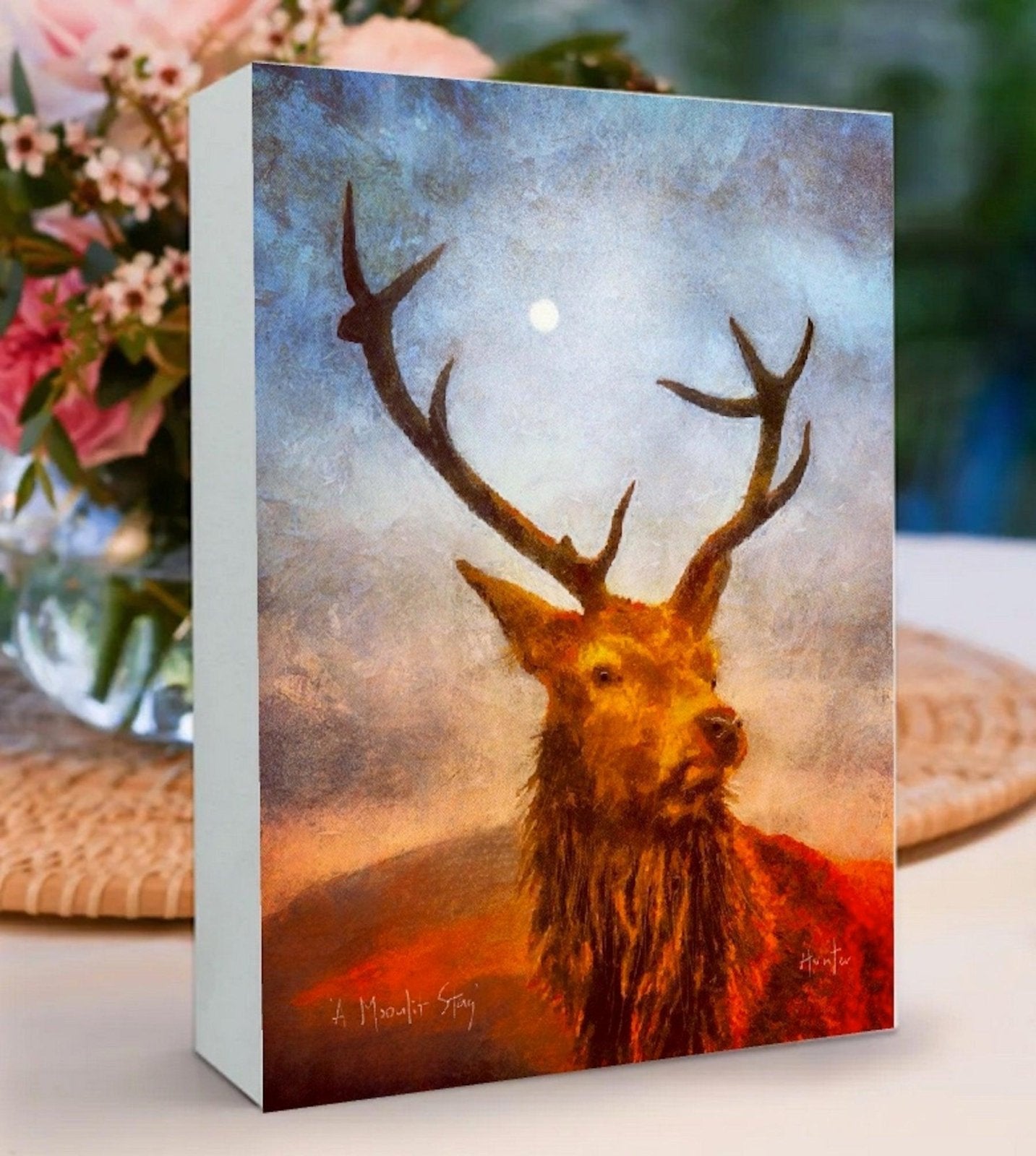 The Moonlit Highland Stag Wooden Art Block-Wooden Art Blocks-Scottish Highlands & Lowlands Art Gallery-Paintings, Prints, Homeware, Art Gifts From Scotland By Scottish Artist Kevin Hunter