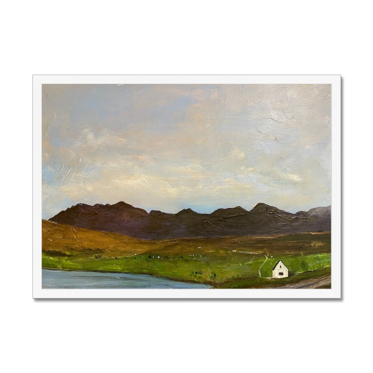 The Road To Carbost Skye Painting | Framed Prints From Scotland-Framed Prints-Skye Art Gallery-A2 Landscape-White Frame-Paintings, Prints, Homeware, Art Gifts From Scotland By Scottish Artist Kevin Hunter