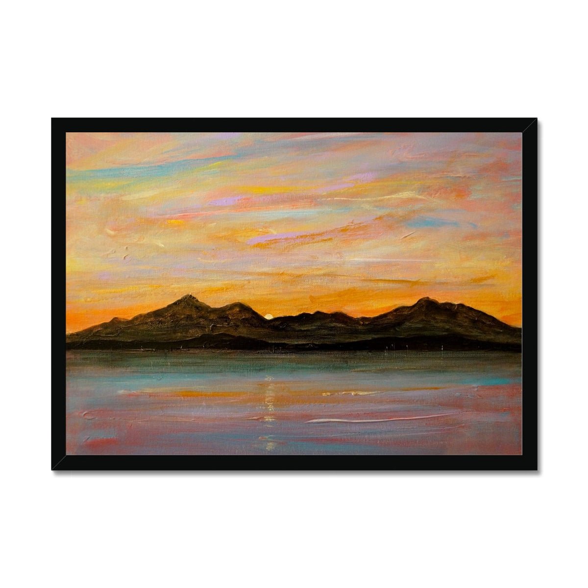 The Sleeping Warrior Arran Painting | Framed Prints From Scotland-Framed Prints-Arran Art Gallery-A2 Landscape-Black Frame-Paintings, Prints, Homeware, Art Gifts From Scotland By Scottish Artist Kevin Hunter