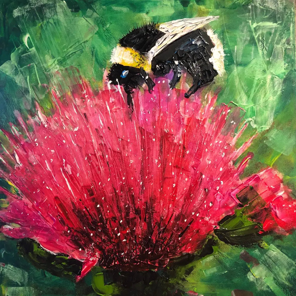 Impasto bumblebee on pink flower art print from The Thistle And The Bee collection