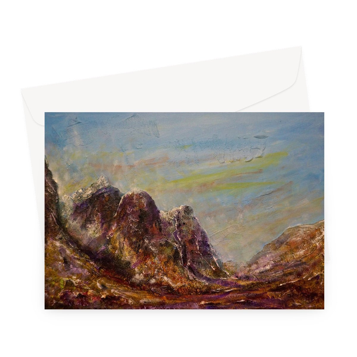 Three Sisters Glencoe Art Gifts Greeting Card-Greetings Cards-Glencoe Art Gallery-A5 Landscape-1 Card-Paintings, Prints, Homeware, Art Gifts From Scotland By Scottish Artist Kevin Hunter