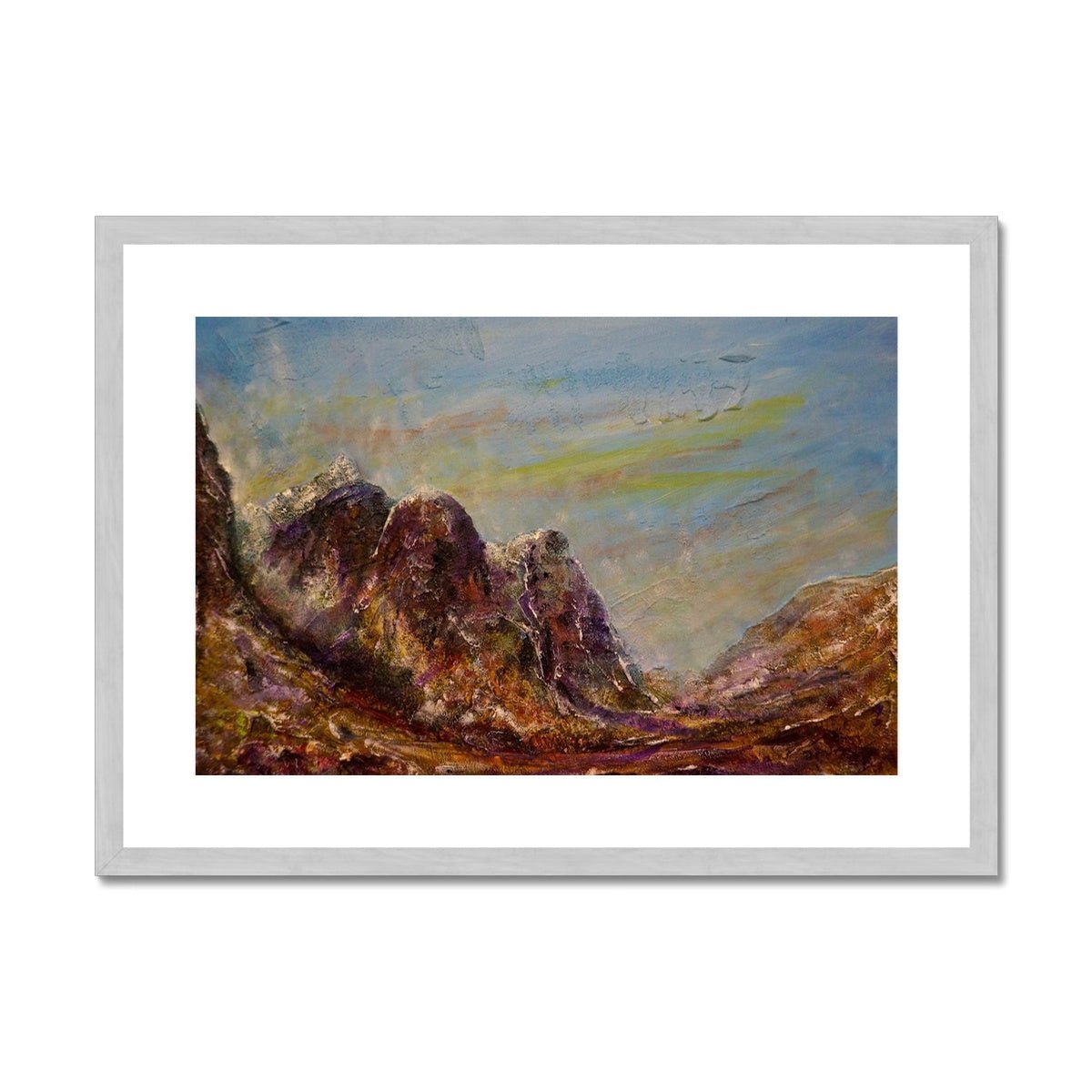 Three Sisters Glencoe Painting | Antique Framed & Mounted Prints From Scotland-Antique Framed & Mounted Prints-Glencoe Art Gallery-A2 Landscape-Silver Frame-Paintings, Prints, Homeware, Art Gifts From Scotland By Scottish Artist Kevin Hunter