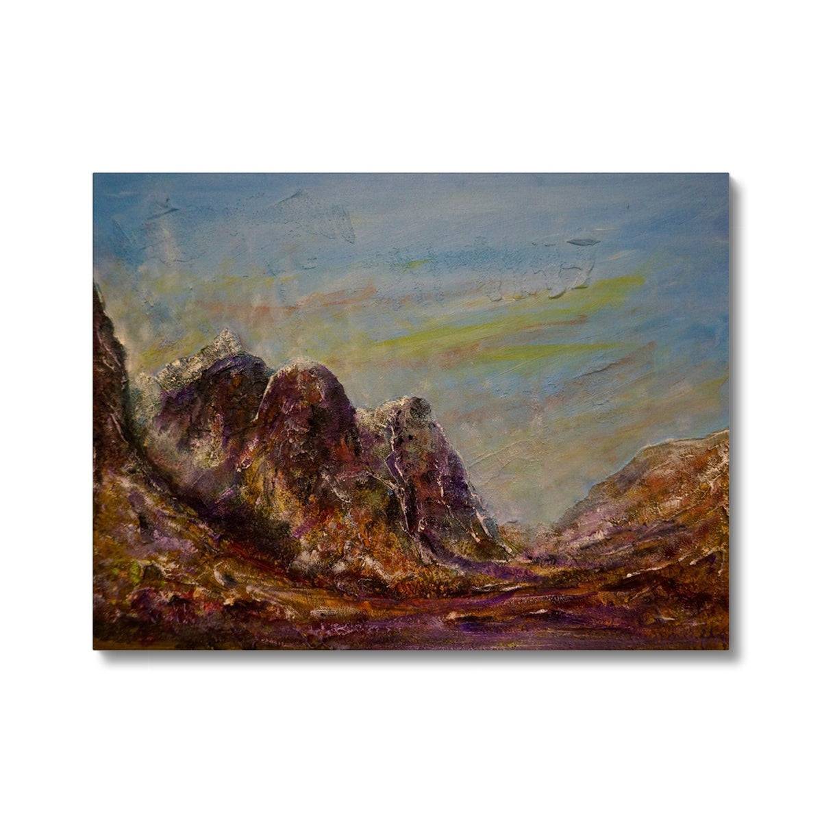 Three Sisters Glencoe Painting | Canvas From Scotland-Contemporary Stretched Canvas Prints-Glencoe Art Gallery-24"x18"-Paintings, Prints, Homeware, Art Gifts From Scotland By Scottish Artist Kevin Hunter