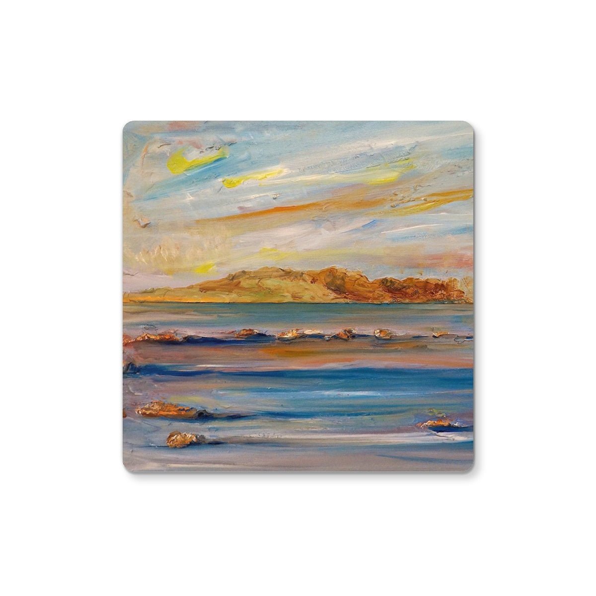 Tiree Dawn Art Gifts Coaster-Coasters-Hebridean Islands Art Gallery-4 Coasters-Paintings, Prints, Homeware, Art Gifts From Scotland By Scottish Artist Kevin Hunter