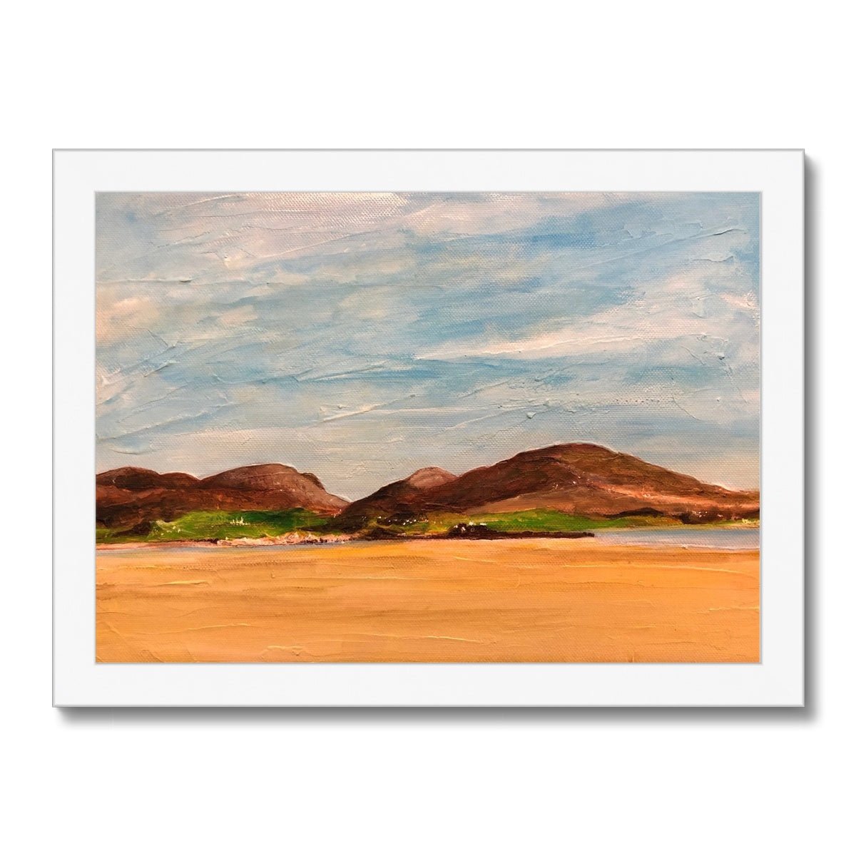 Uig Sands Lewis Painting | Framed Prints From Scotland-Framed Prints-Hebridean Islands Art Gallery-A4 Landscape-White Frame-Paintings, Prints, Homeware, Art Gifts From Scotland By Scottish Artist Kevin Hunter