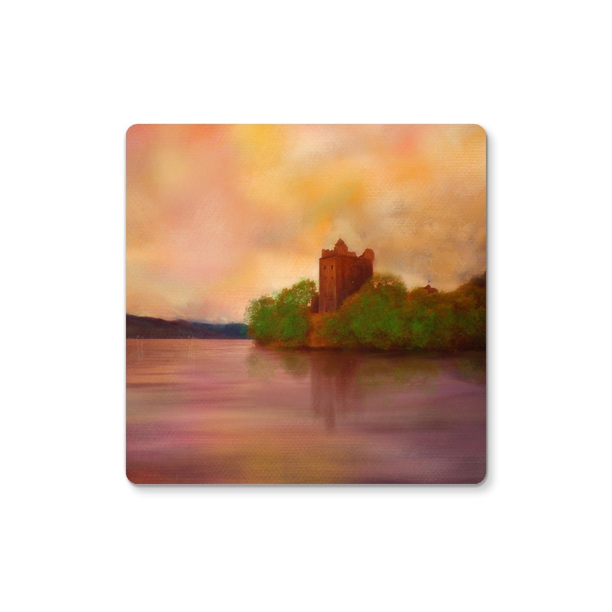 Urquhart Castle Art Gifts Coaster-Coasters-Scottish Castles Art Gallery-Single Coaster-Paintings, Prints, Homeware, Art Gifts From Scotland By Scottish Artist Kevin Hunter