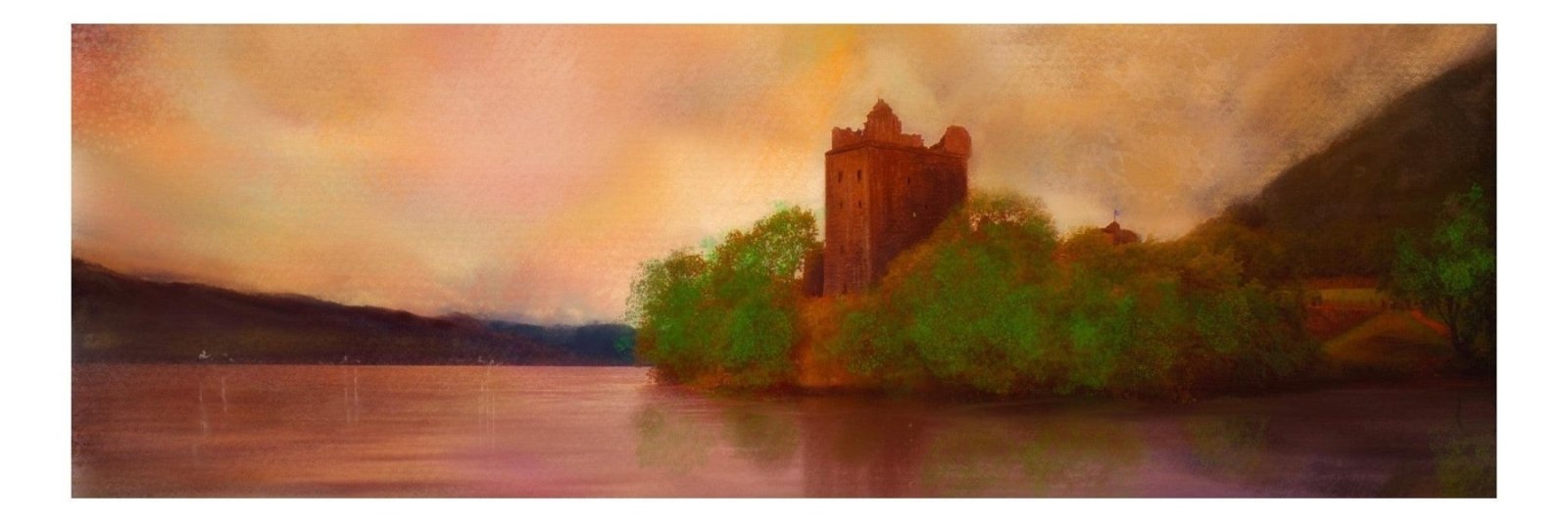 Urquhart Castle Dusk-Panoramic Prints-Scottish Castles Art Gallery-Paintings, Prints, Homeware, Art Gifts From Scotland By Scottish Artist Kevin Hunter